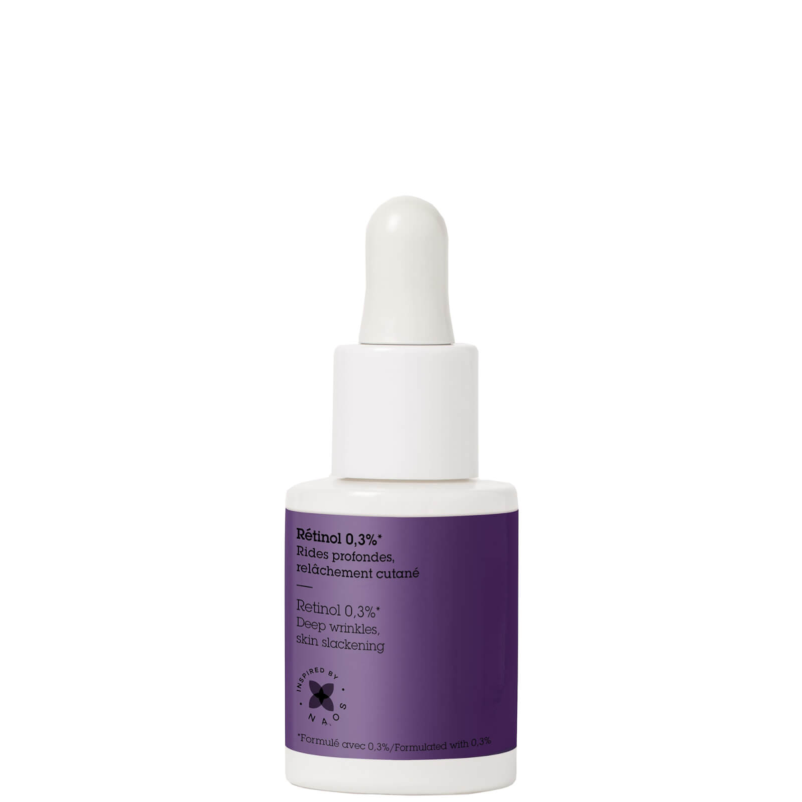 White glass bottle with a purple label, featuring a dropper cap, labeled "Retinol 0.3%," designed for concentrated skincare, 15 ml size.