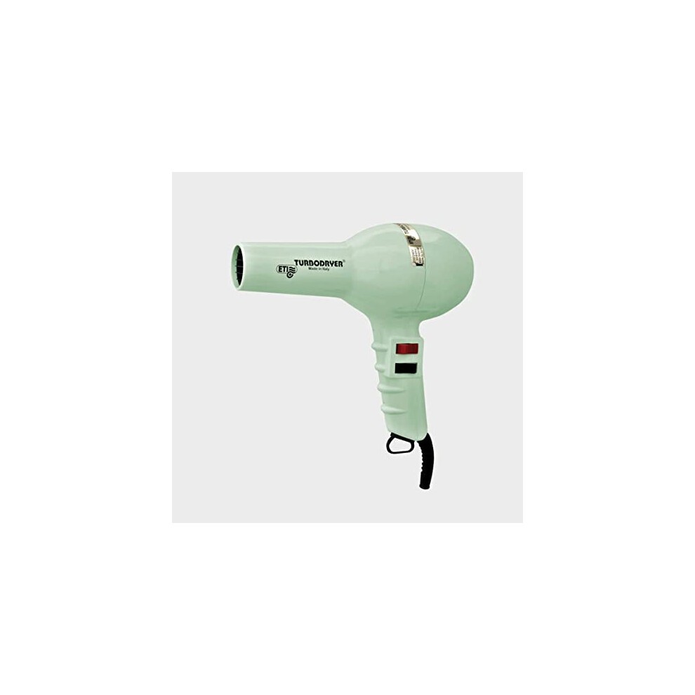 Mint green ETI Turbodryer 2000 hairdryer with a sleek design, featuring a black power switch, a round nozzle, and a comfortable grip handle.
