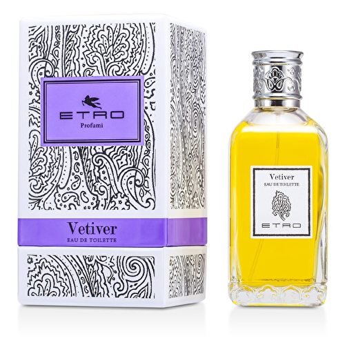 Clear glass bottle with a silver cap, showcasing bright yellow liquid, alongside a decorative white box featuring intricate black paisley patterns and a purple band.