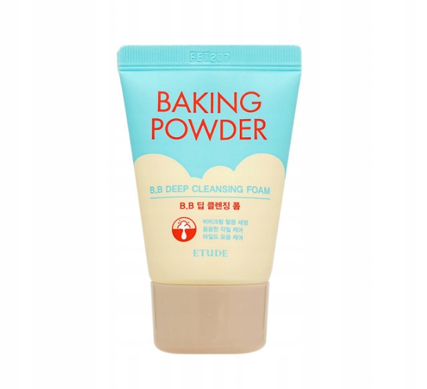 Light blue and beige squeeze tube featuring "BAKING POWDER" in bold pink text, labeled as "B.B DEEP CLEANSING FOAM" by Etude House, with a flip-top cap.