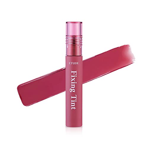 ETUDE Fixing Tint Ultra Matt Long-lasting Lipstick in shade #11 Rose features a sleek pink tube with a clear cap and a swatch of deep rose-colored lipstick beside it.
