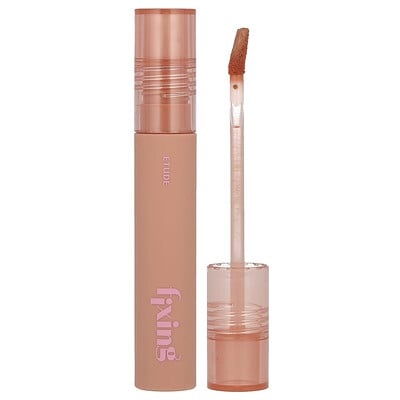 ETUDE Fixing Tint in 04 Ginger Milk Tea, featuring a sleek, soft pink tube with a clear applicator wand and a creamy, warm beige tint.