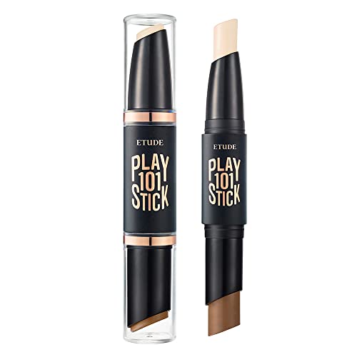 Etude House Play 101 Stick Contour Duo features a dual-ended design with a light beige contour stick and a darker brown shade, housed in a sleek black and clear casing.