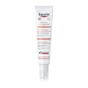 Eucerin Anti-Pigment serum in a 75ml white tube with a red and grey label, featuring a pump dispenser and text highlighting its suitability for sensitive areas.