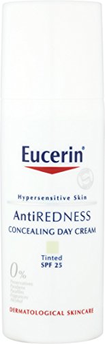 Eucerin AntiRedness Concealing Day Cream in a white pump bottle, labeled for hypersensitive skin, tinted formula, SPF 25, with UVA protection, 50ml size.