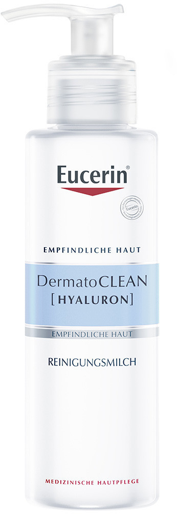 Clear plastic bottle of Eucerin DermatoClean Mild Cleansing Milk, featuring a pump dispenser, white and light blue label, and text highlighting hyaluronic acid for sensitive skin.