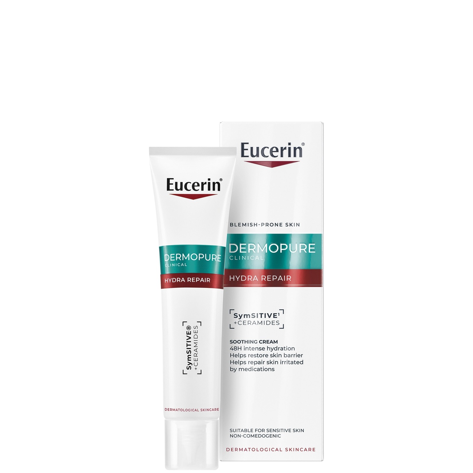 Eucerin Dermopure Clinical Hydra Repair Fluid in a 40ml white tube with a teal and red label, featuring "Hydra Repair" prominently, alongside a matching white box.