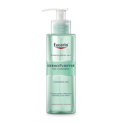 Clear plastic bottle with a pump dispenser, containing light green cleansing gel, labeled "Eucerin DermoPurifyer Oil Control" for blemish-prone skin, 200ml.