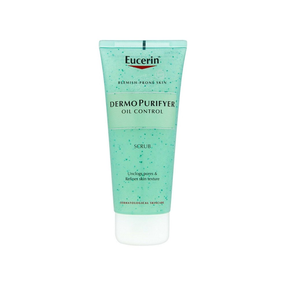 Eucerin DermoPurifyer Scrub in a 100ml turquoise tube, featuring exfoliating beads and a flip-top cap, designed for blemish-prone skin and oil control.