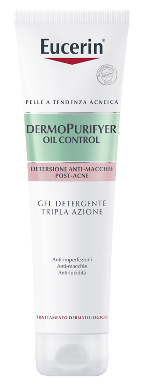 Eucerin DermoPurifyer Triple Effect Cleansing Gel in a white tube with pink accents, featuring anti-acne and oil control claims, 150ml size, dermatologically tested.
