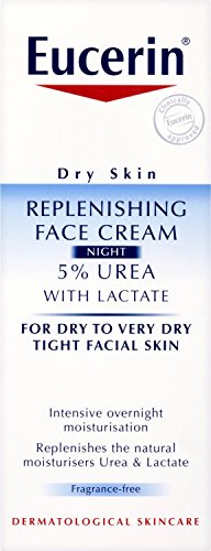 Eucerin UreaRepair Night Face Cream in a 50ml white and blue box, featuring "5% Urea" prominently on the front, designed for dry to very dry skin, fragrance-free.