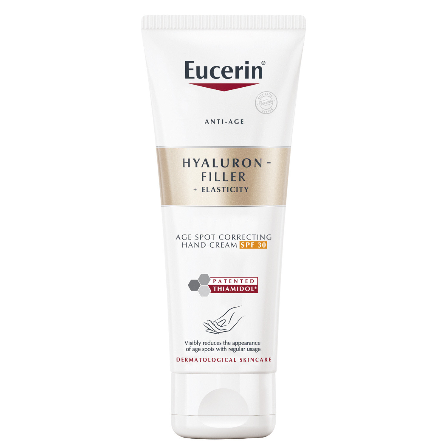 Eucerin Hyaluron-Filler + Elasticity hand cream in a white tube with gold accents, featuring SPF 30, anti-ageing properties, and a focus on hydration and age spot correction.
