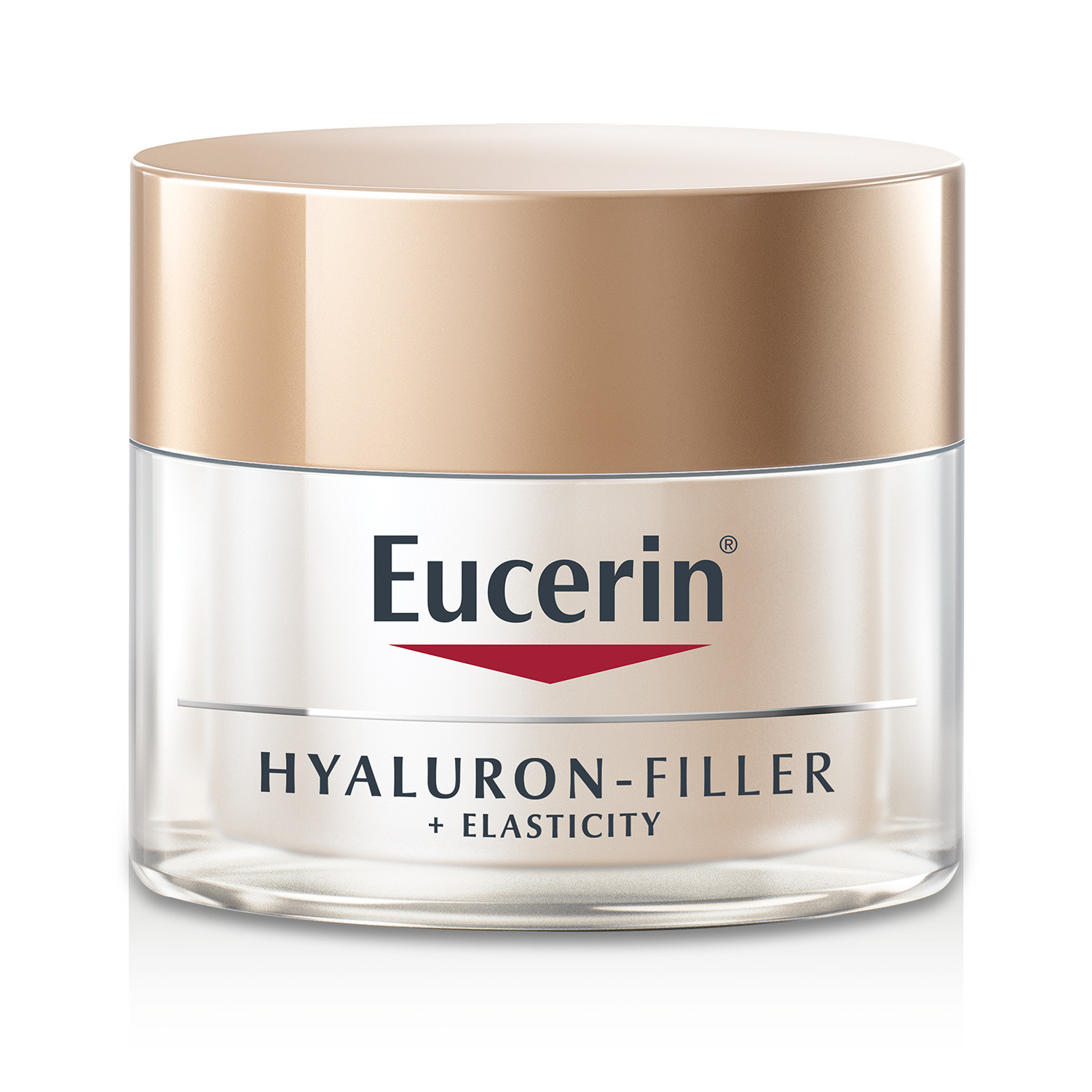 Eucerin Hyaluron-Filler + Elasticity cream in a clear jar with a gold lid, labeled for anti-aging and SPF 30, suitable for all skin types, 50ml size.