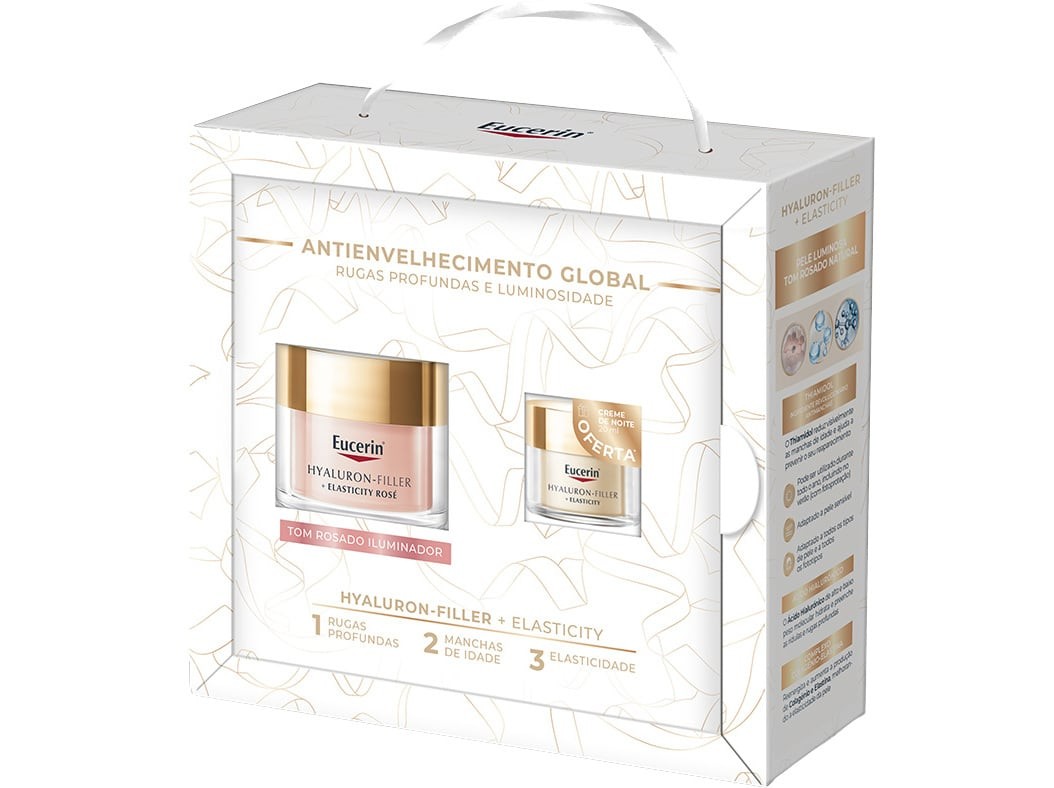 Coffret Eucerin Hf Elasticity Dia Rose of Crem features a white box with gold accents, containing a cream jar and a serum, both labeled for deep wrinkles and luminosity.
