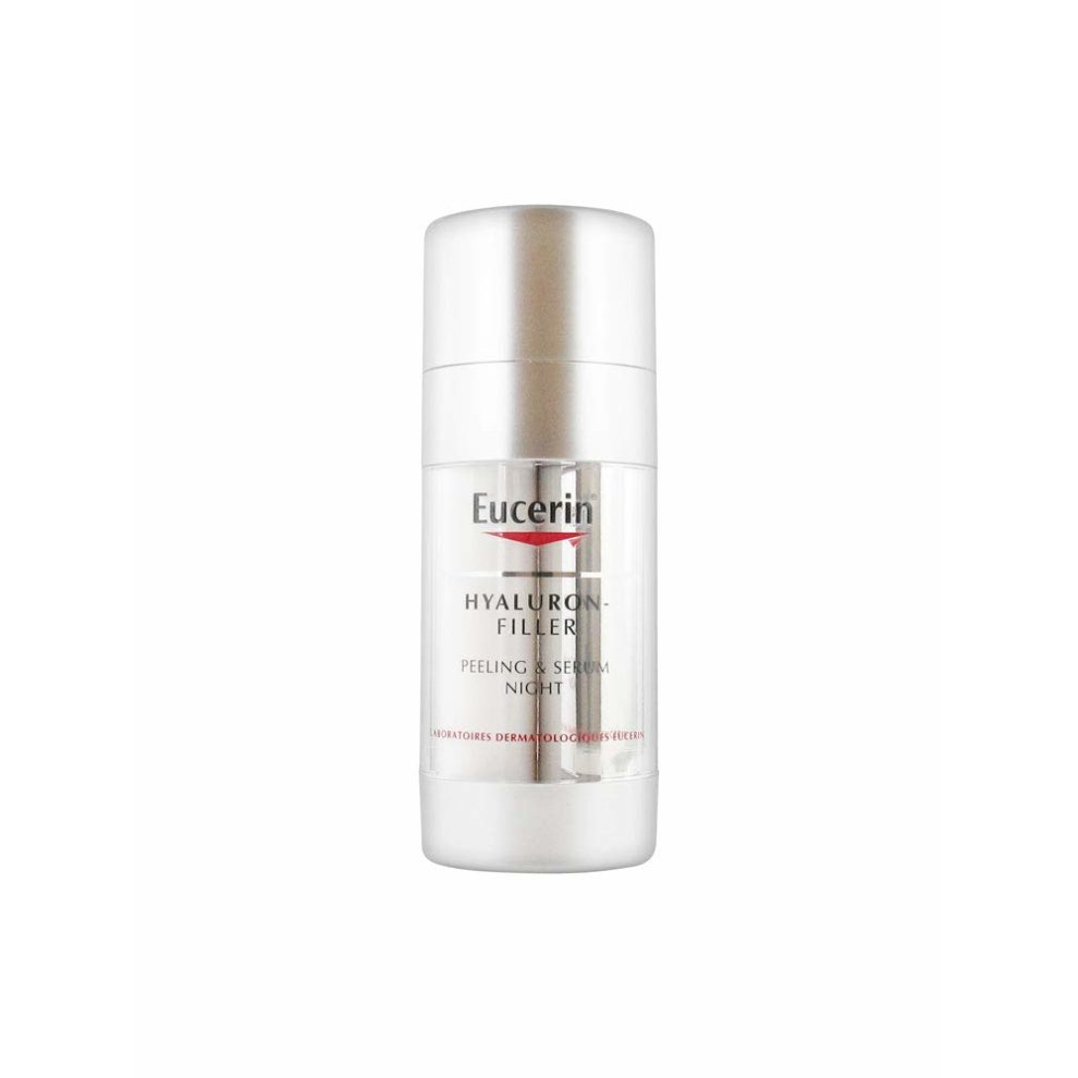 Eucerin Hyaluron-Filler Night Peeling & Serum in a sleek, silver and clear bottle with a pump dispenser, featuring a prominent red and black logo on the front.