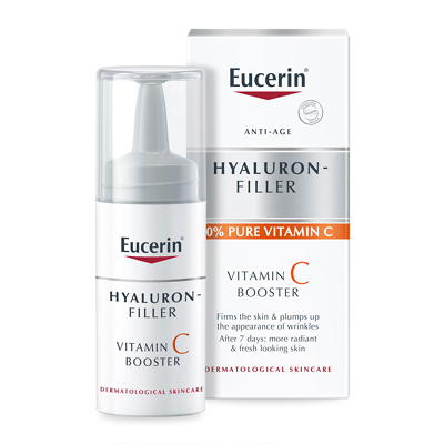 Eucerin Hyaluron Filler Vitamin C Booster in an 8ml clear pump bottle, featuring a white cap and a sleek design, accompanied by a white and orange box detailing its anti-age benefits.