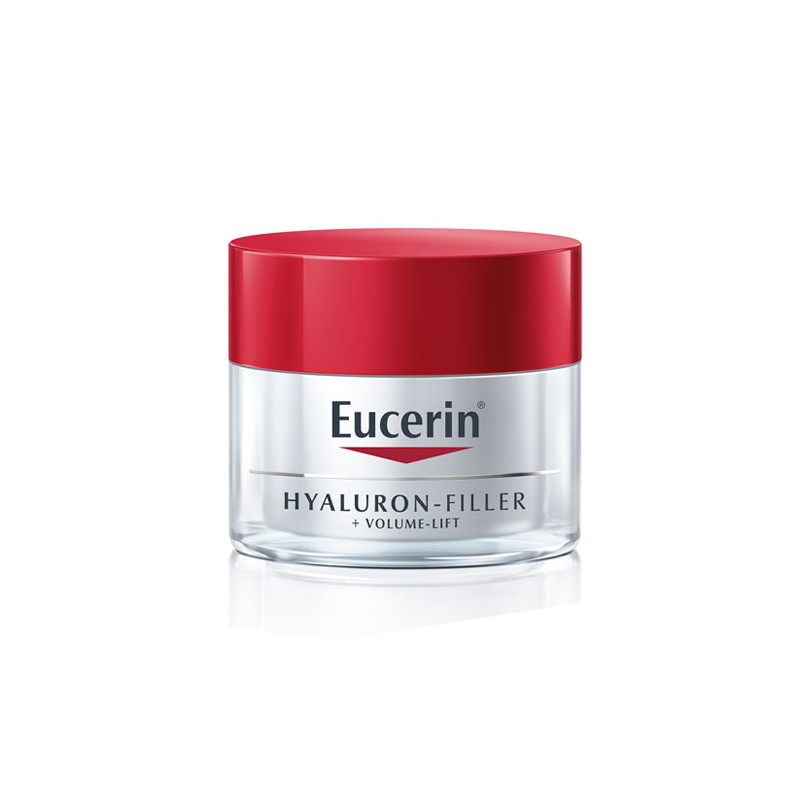 Eucerin Hf Volume Lift Day cream in a clear jar with a red lid, featuring "Hyaluron-Filler + Volume-Lift" text on the front, designed for enhancing skin volume.
