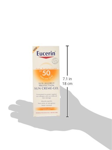 Eucerin Allergy Sun Protection SPF 50 in a 150ml cream-gel bottle, featuring a white and orange box with clear text and a hand illustration for size reference.