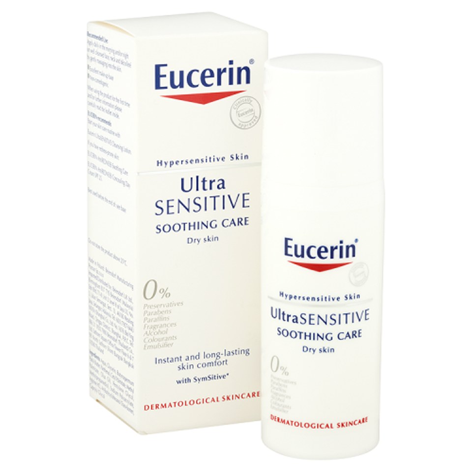 Eucerin Ultra Sensitive Soothing Care Cream in a 50ml white tube with a pump dispenser, featuring blue and black text on a white box, labeled for dry skin and dermatologically tested.