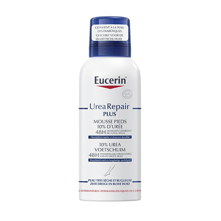 White aerosol can with blue and red accents, labeled "Eucerin UreaRepair Plus 10% Foot Foam," featuring a 150 ml capacity and claims of 48-hour moisture for dry skin.