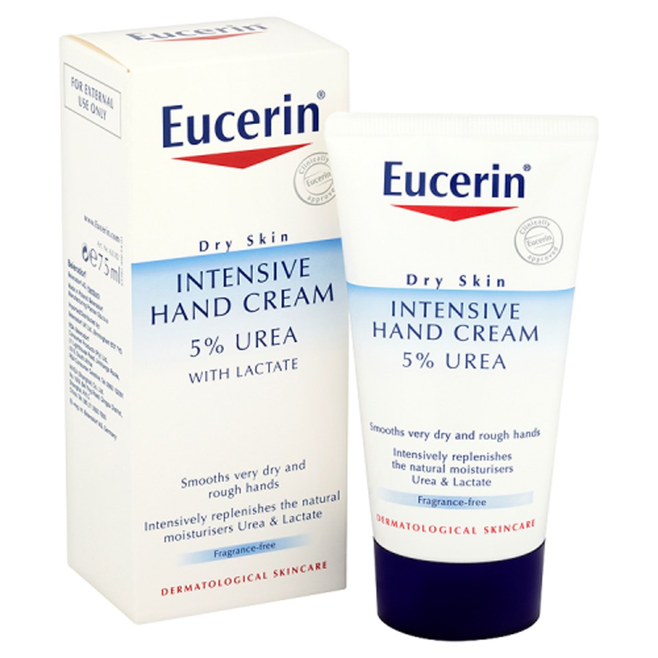 Eucerin UreaRepair Plus hand cream in a white tube with a blue and red label, featuring "5% Urea" prominently, packaged in a matching box, designed for dry skin.