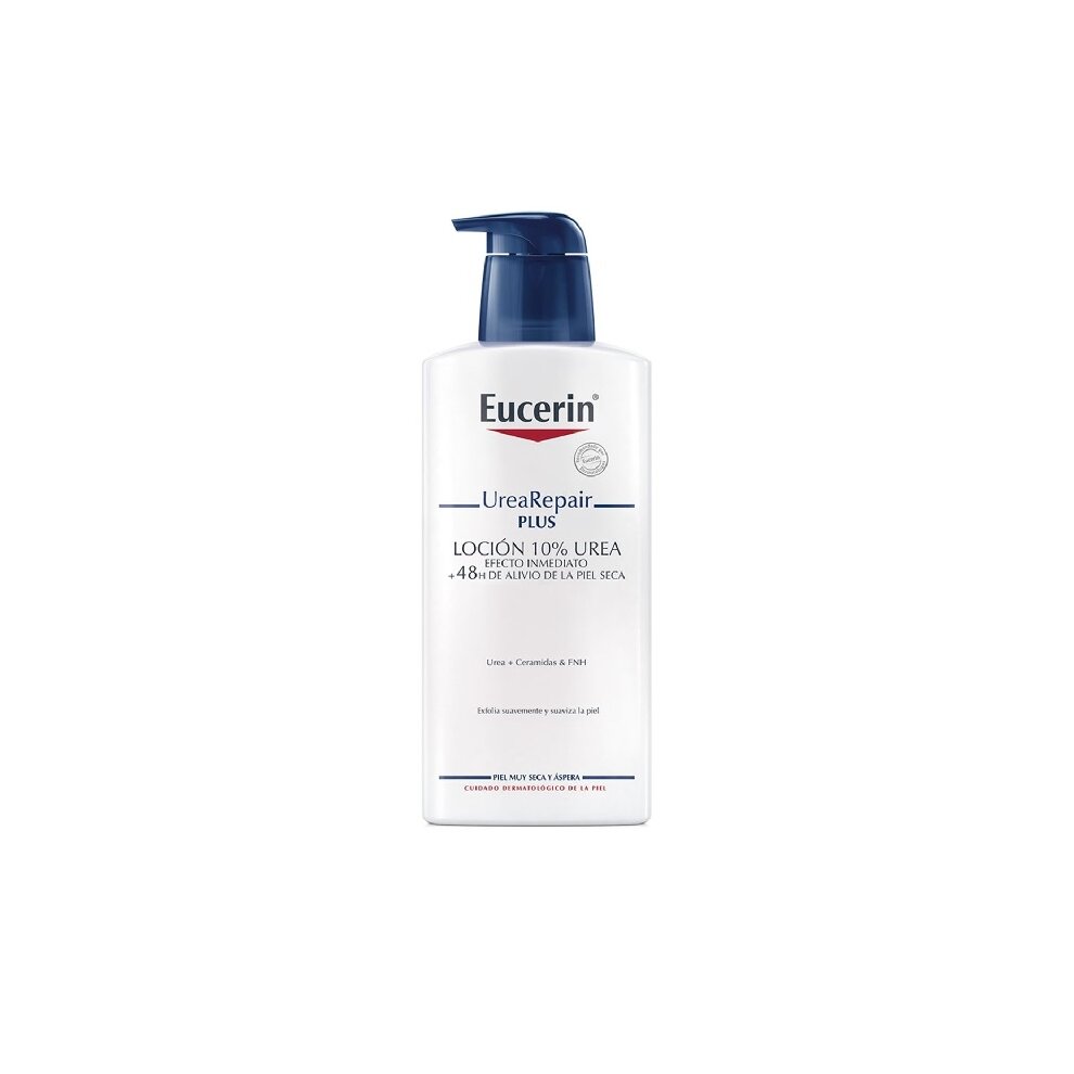 Eucerin UreaRepair Plus 10% Urea Lotion in a clear 250ml bottle features a blue pump top and a white label with red and blue accents, designed for dry skin relief.