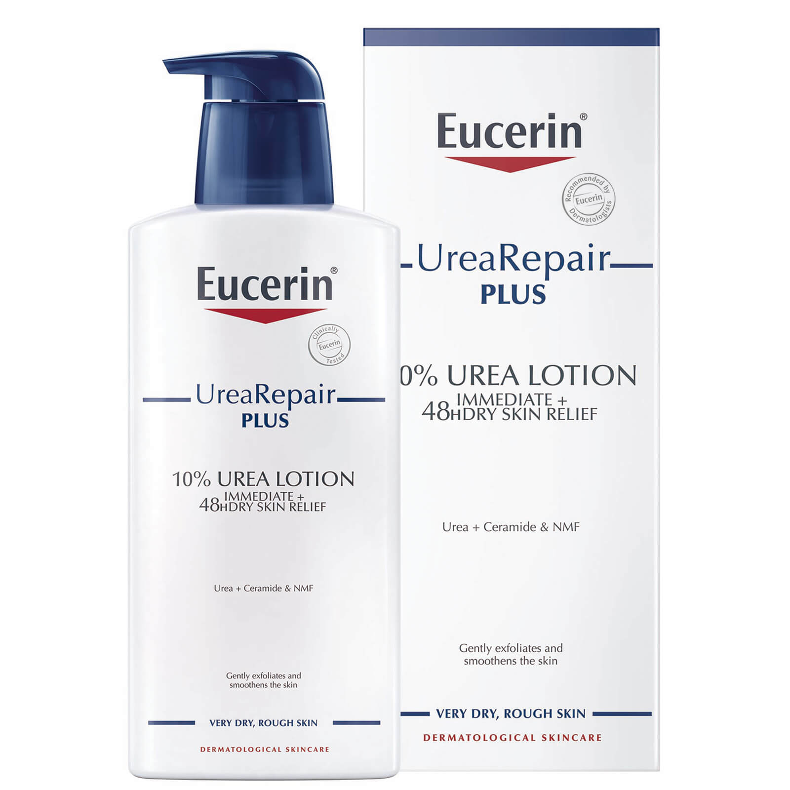 Eucerin UreaRepair Plus 10% Urea Intensive Moisturising Lotion in a white pump bottle, featuring a blue and red label, designed for very dry, rough skin relief.