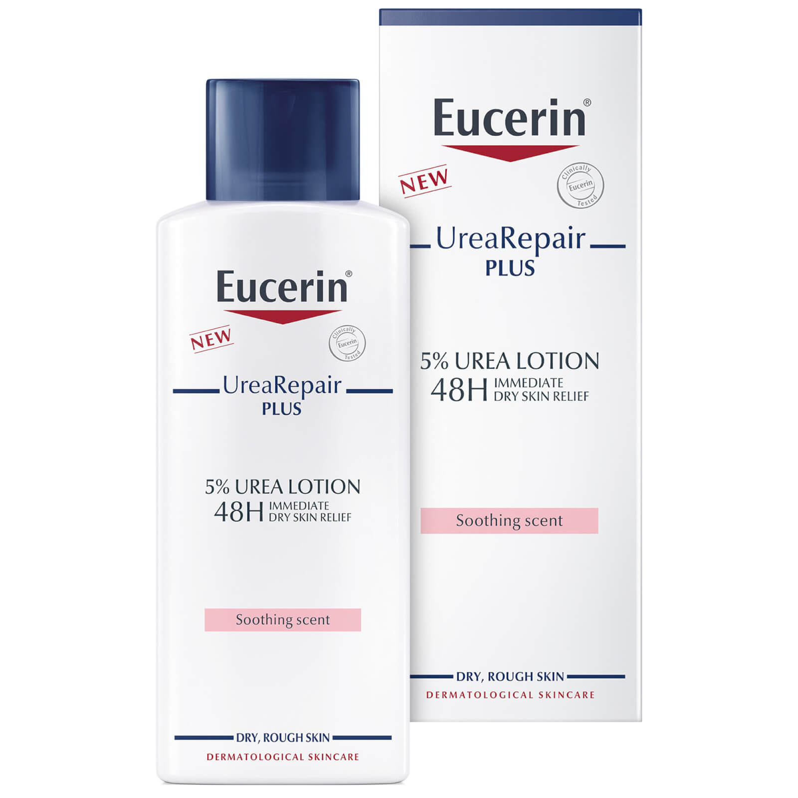 Eucerin Urea Repair 5% Scented Lotion in a white bottle with blue accents, 250ml, featuring a sleek design and labeled for dry, rough skin relief with a soothing scent.