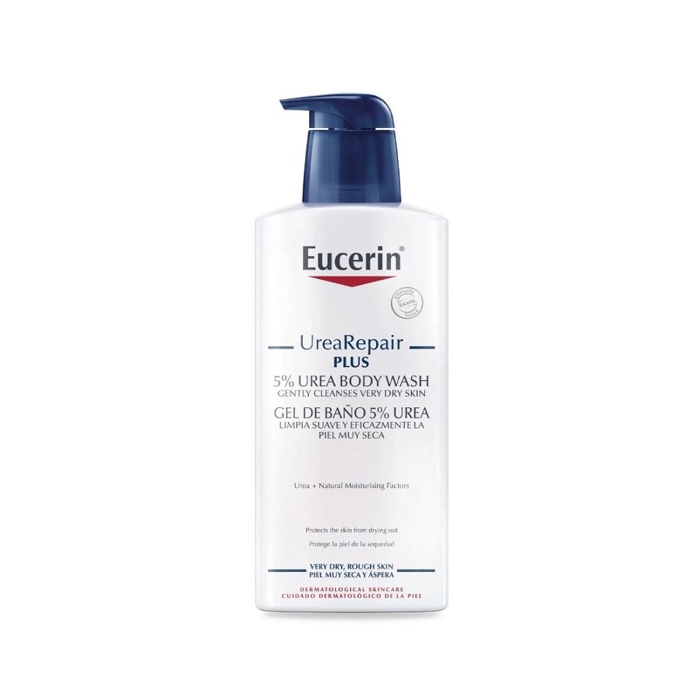Eucerin Dry Skin Replenishing Body Wash in a white bottle with a blue pump, featuring a label that highlights 5% urea and lactate, designed for very dry skin.