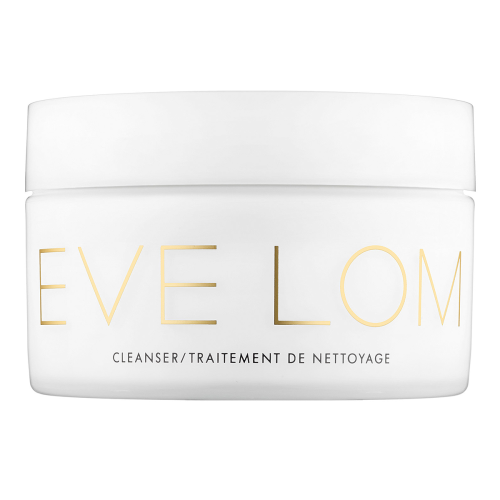 White round jar with a gold lid, featuring "EVE LOM" in bold gold letters and "CLEANSER/TRAITEMENT DE NETTOYAGE" in smaller text, containing 50ml of cleanser.