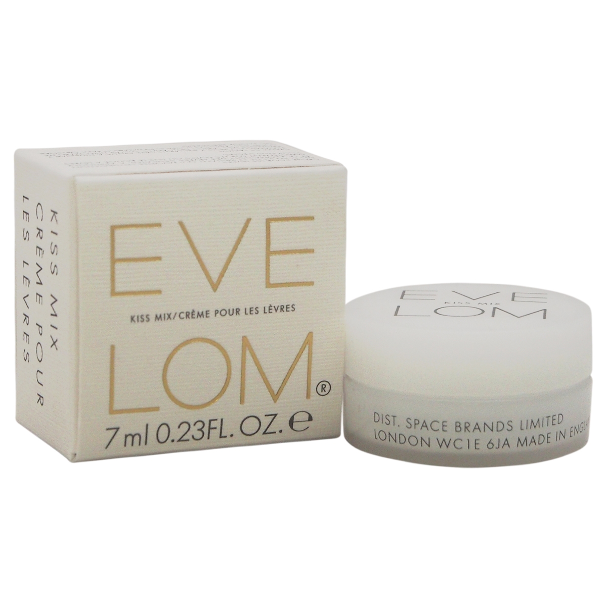 White circular jar with a clear lid, labeled "EVE LOM KISS MIX" in gold lettering, alongside a cream-colored box featuring the same branding and product details.