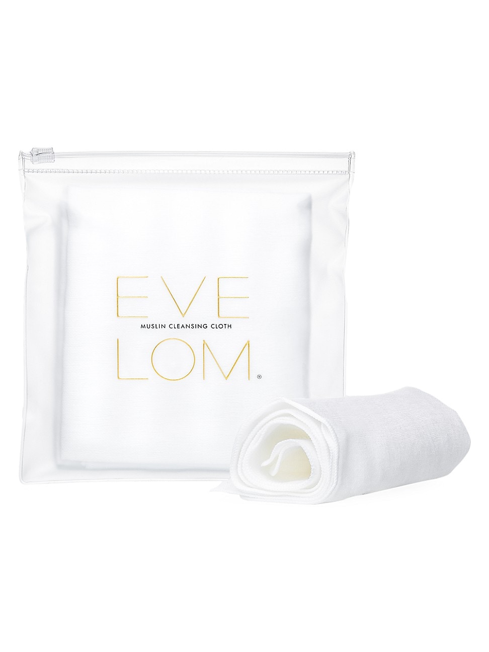Three white muslin cloths neatly rolled, packaged in a transparent zippered pouch, featuring "EVE LOM" in elegant gold lettering on the front.