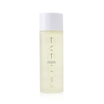 Clear liquid toner in a sleek, transparent bottle with a white cap, featuring elegant gold lettering that reads "EVE LOM RESCUE TONER."