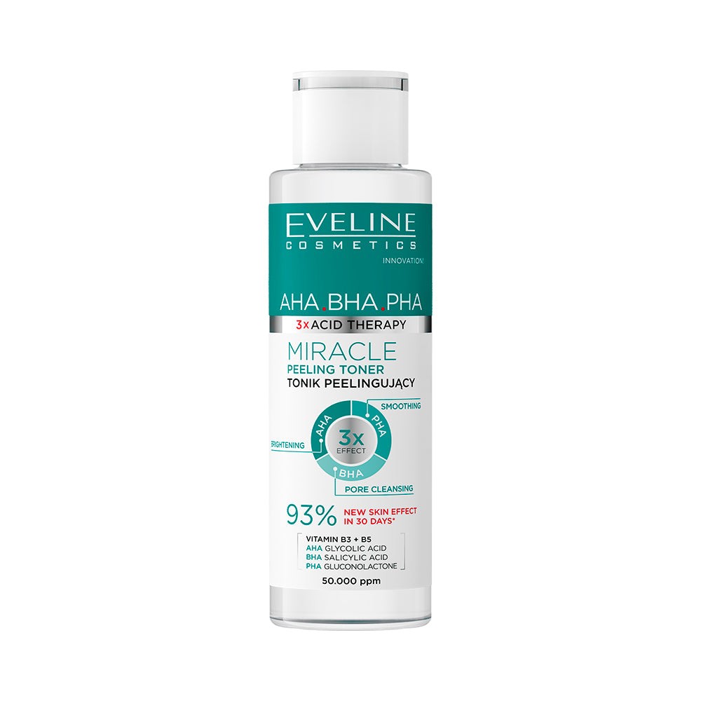 Clear plastic bottle of Eveline AHA BHA PHA Miracle Peeling Toner, featuring a turquoise label, white cap, and claims of 93% new skin effect in 8 days.