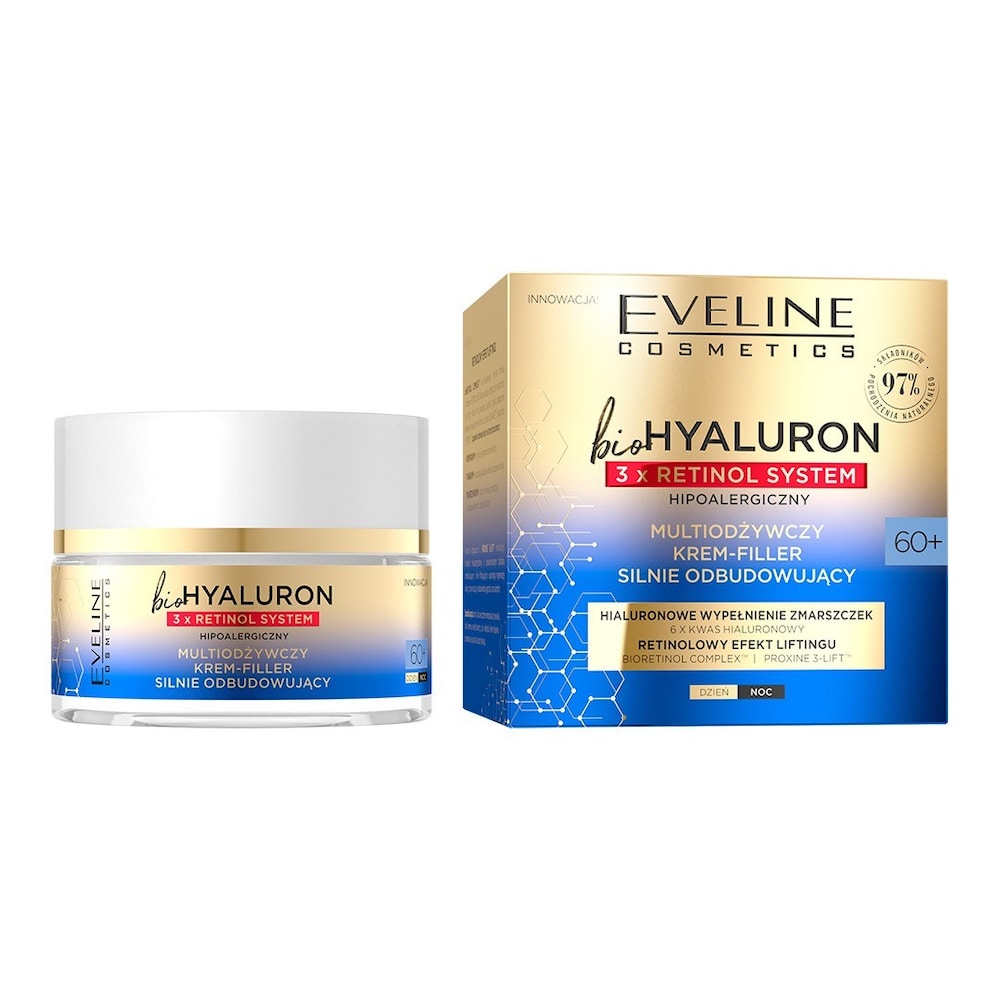 White jar with a silver lid and blue accents, containing "Eveline Cosmetics Bio Hyaluron 3x Retinol System Renewing Cream" in a 50 ml size, alongside a matching blue and gold box.
