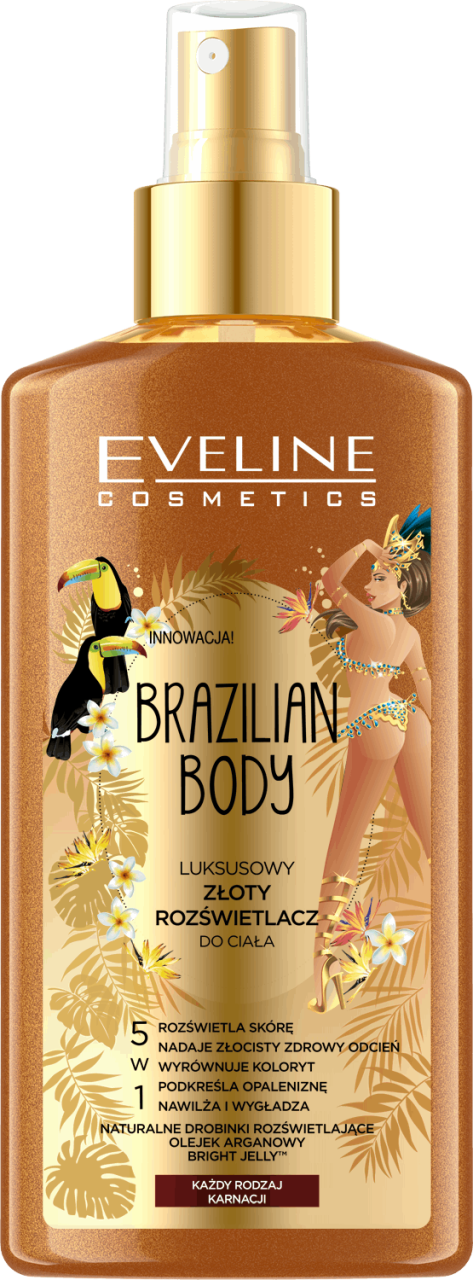 Gold glittering body spray in a clear bottle with a spray nozzle, featuring tropical-themed graphics and the text "Brazilian Body" prominently displayed on the label.