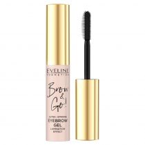 Eveline Cosmetics Brow & Go! eyebrow gel in a sleek, gold-capped tube with a black applicator brush, designed for extra strong hold and a laminated effect.