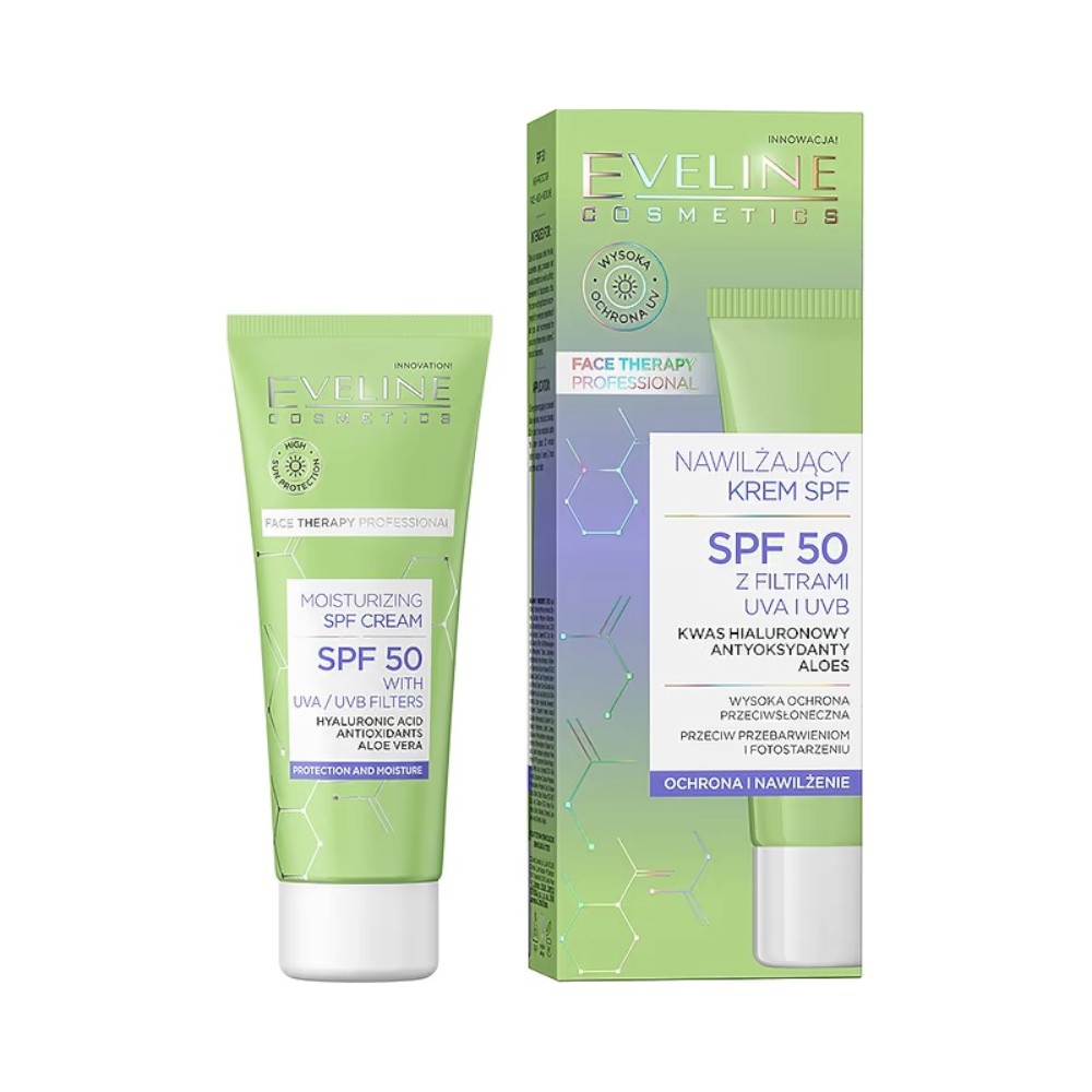 Green tube of Eveline Cosmetics Therapy Professional Moisturizing Day Cream SPF 50, featuring a white cap and a matching green box with product details and benefits highlighted.