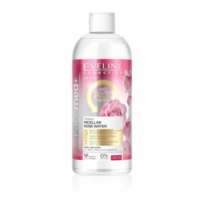 Clear plastic bottle of Eveline Facemed+ Toning Micellar Rose Water, 400 ml, featuring a pink label with floral design and text highlighting anti-pollution and detox benefits.