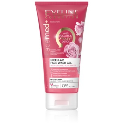 Pink tube of Eveline Facemed+ Micellar Face Wash Gel, featuring organic rose water, 150 ml, with a floral design and "Anti Pollution" label prominently displayed.