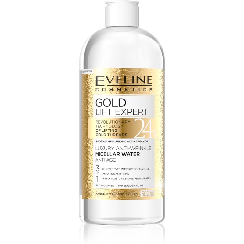 Clear plastic bottle of Eveline Gold Lift Expert Anti-aging Micellar Water, 500 ml, featuring a gold and white label with text highlighting its anti-wrinkle and hydrating properties.