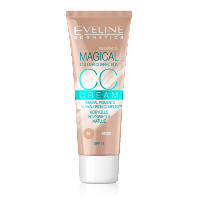 Eveline Cosmetics Magical Colour Correction CC Cream in Shade 53 Beige, 30 ml tube with a light beige and turquoise design, featuring SPF 15 and key ingredients highlighted.