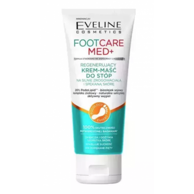 Eveline Cosmetics Foot Care Med Softening Foot Cream in a 100 ml tube, featuring a white and turquoise design with key details about calloused skin treatment and active ingredients.