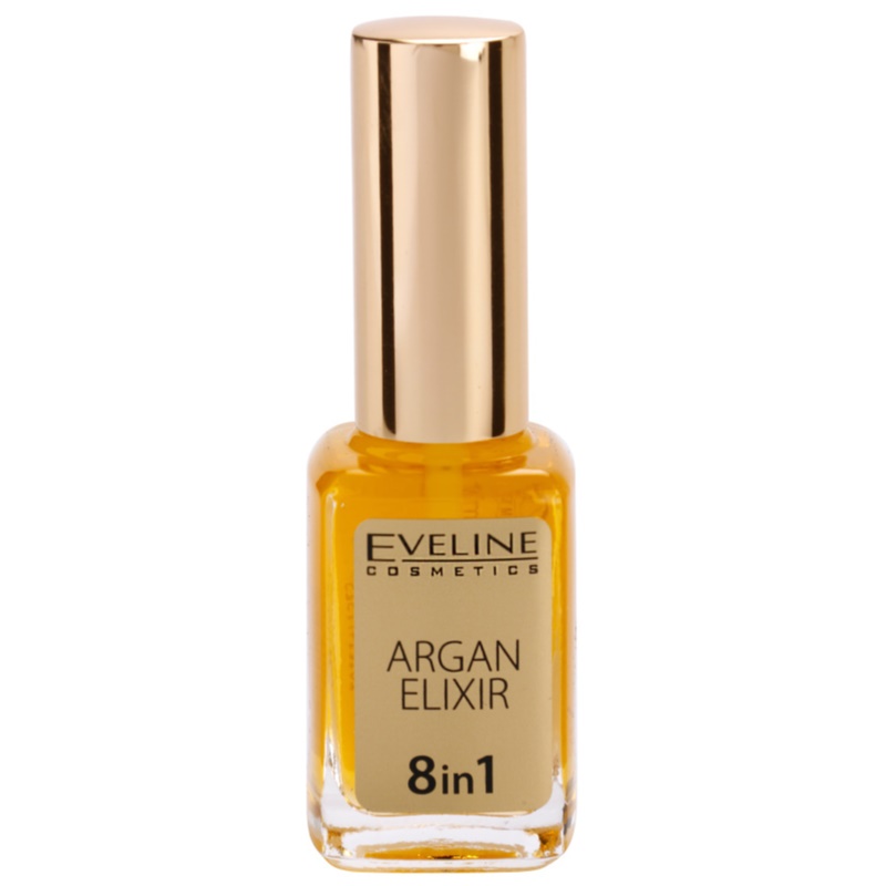 Clear glass bottle with a golden cap, containing a rich yellow argan oil elixir labeled "Eveline Cosmetics Argan Elixir 8in1."