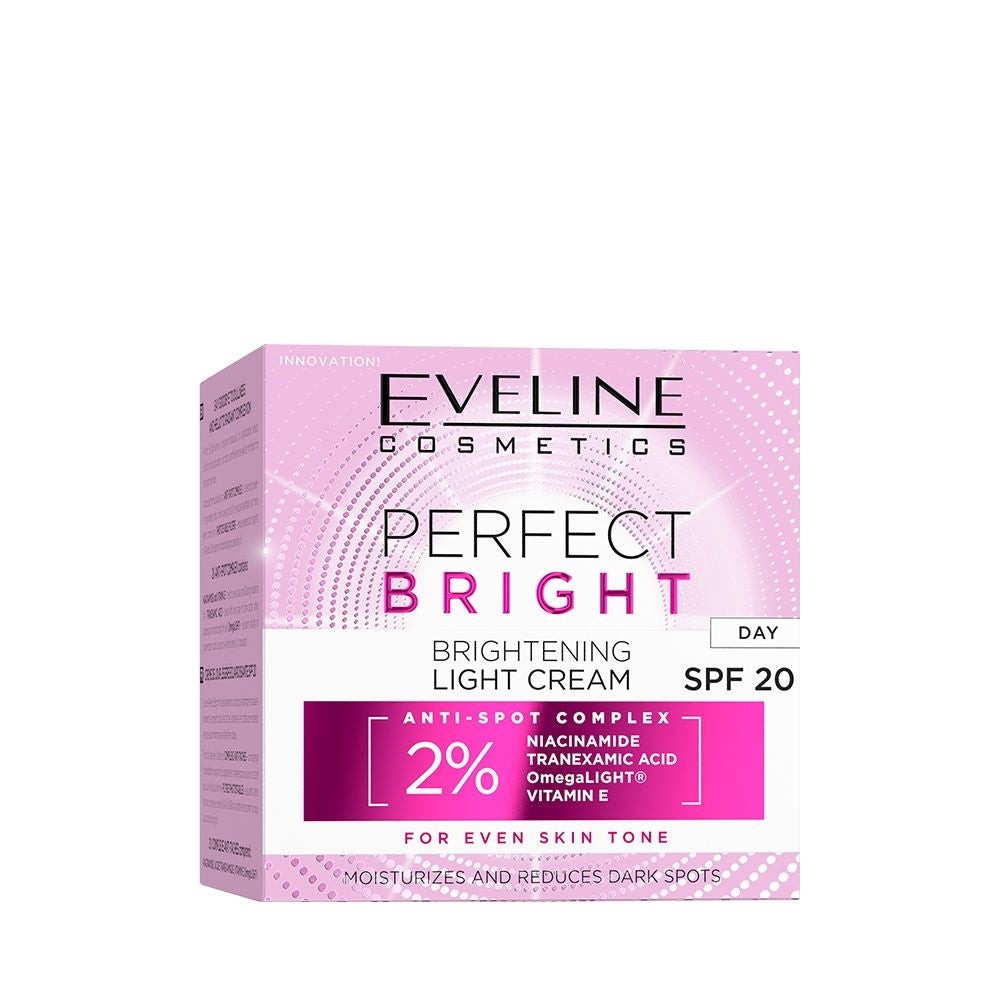 Bright pink and white box featuring "Eveline Perfect Bright Brightening Light Cream" with SPF 20, highlighting key ingredients like niacinamide and tranexamic acid.