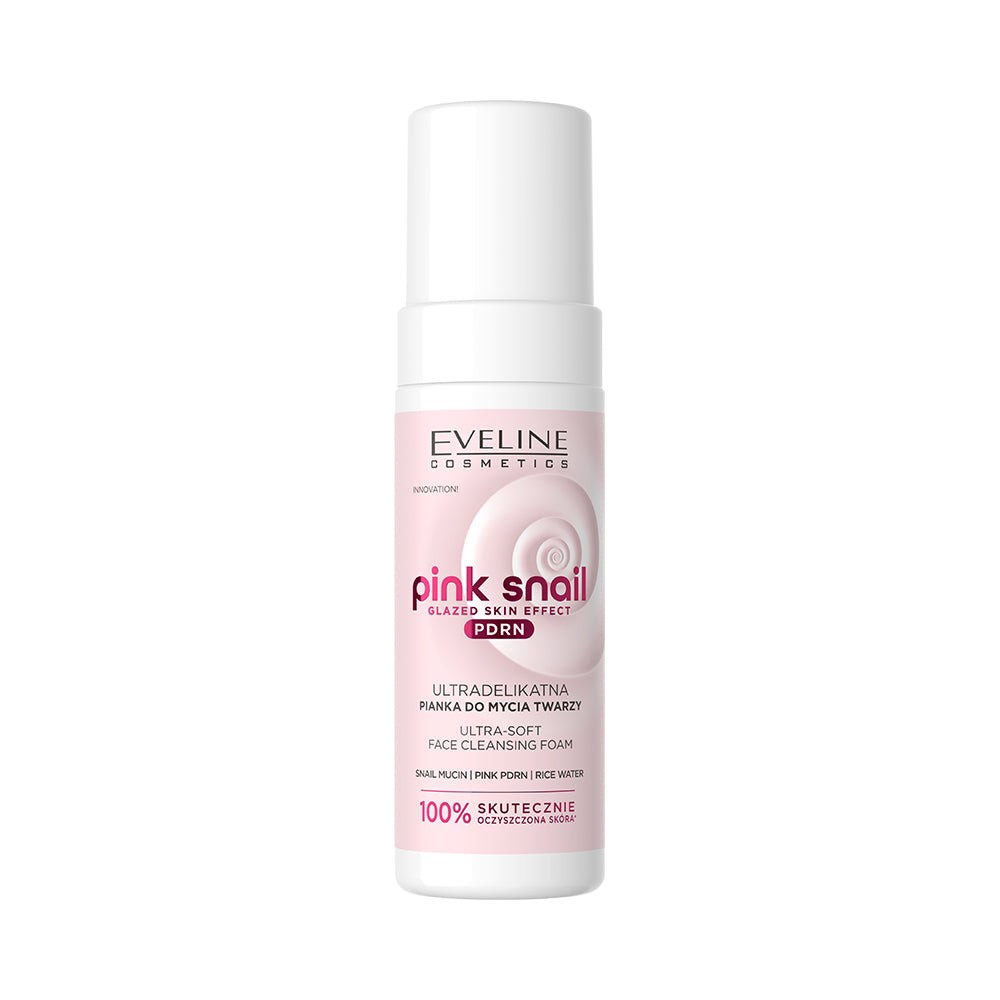 White pump bottle with a pink and white label, featuring the text "Pink Snail" and "Ultrazarte Reinigungsschaum Für Das Gesicht" by Eveline, designed for facial cleansing.