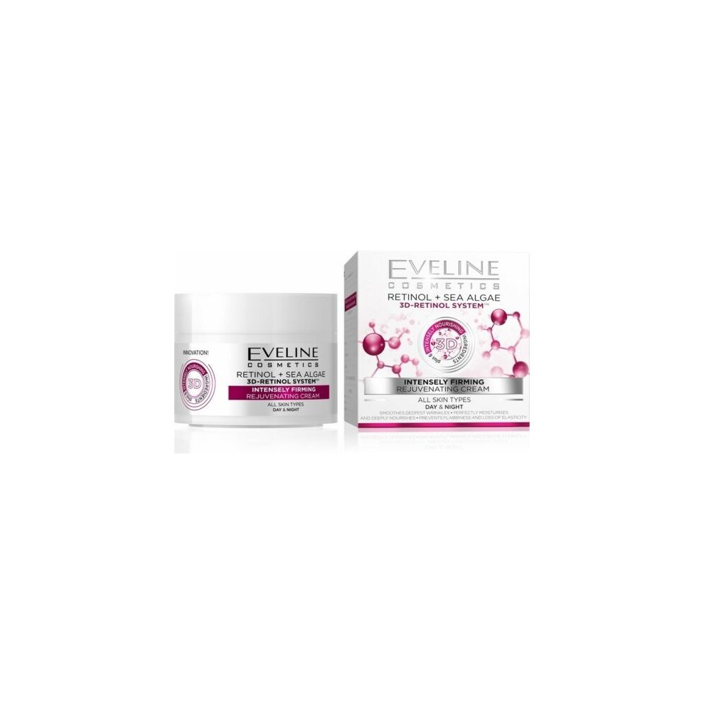 Eveline 3D Retinol System cream in a white jar with a pink label, alongside a matching white and pink box, highlighting intensely firming and rejuvenating features.