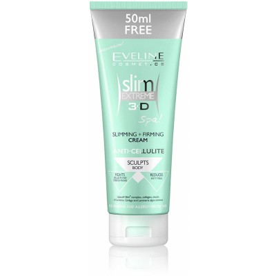Mint green tube of Eveline Cosmetics Slim Extreme 3D Anti-Cellulite Slimming & Firming Body Cream, featuring a silver cap and text highlighting its anti-cellulite properties.