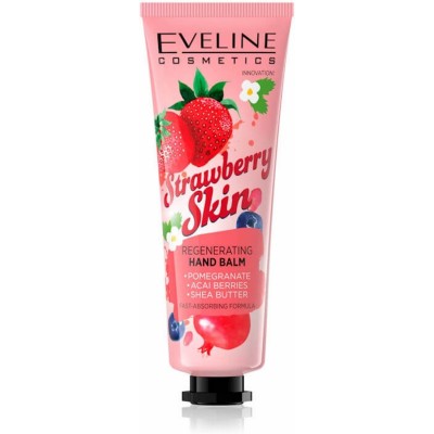 Pink tube of Eveline Cosmetics Strawberry Skin Nourishing Hand Balm, featuring a strawberry design, with 50 ml capacity, highlighting ingredients like pomegranate and shea butter.