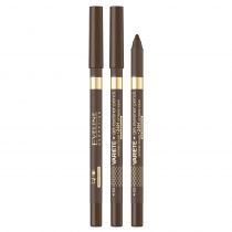 Waterproof gel pencil in dark brown with a sleek design, featuring a twist-up mechanism and a sharpener cap, labeled "Eveline Cosmetics Variété" in gold lettering.